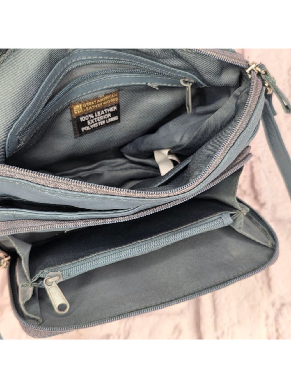Great American Leather Works Crossbody Bag Blue Gray Multi Pocket Leather Purse - Picture 7 of 16